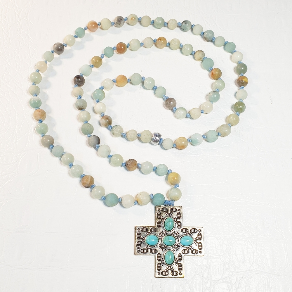 Amazonite Stone Cross Pendant Long Necklace
